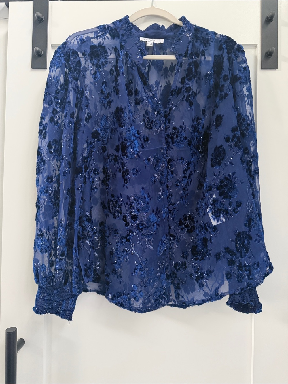 Chico's Royal Blue Velvet Floral Sheer Blouse